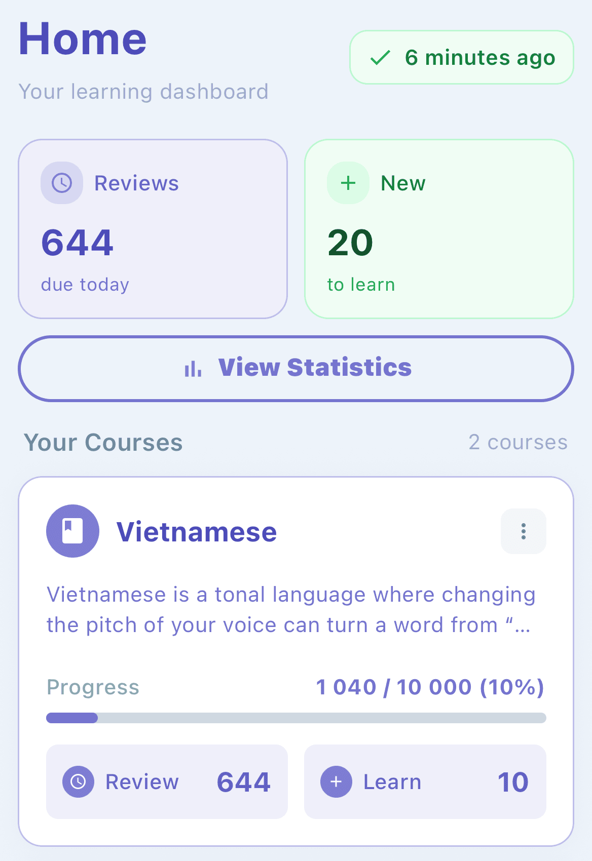 MassVocabulary home screen showing active courses with Vietnamese vocabulary, review progress, and daily study statistics