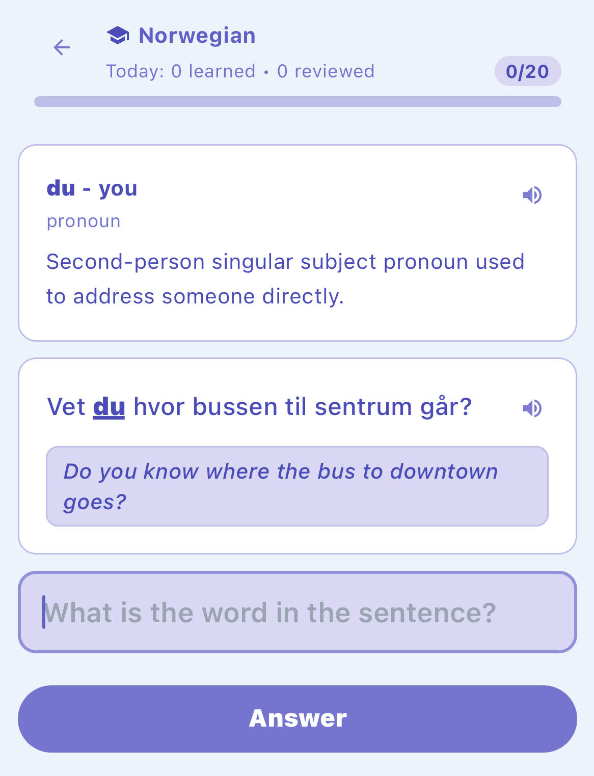 Learning screen displaying a Vietnamese word with its translation, example sentence, and audio playback controls