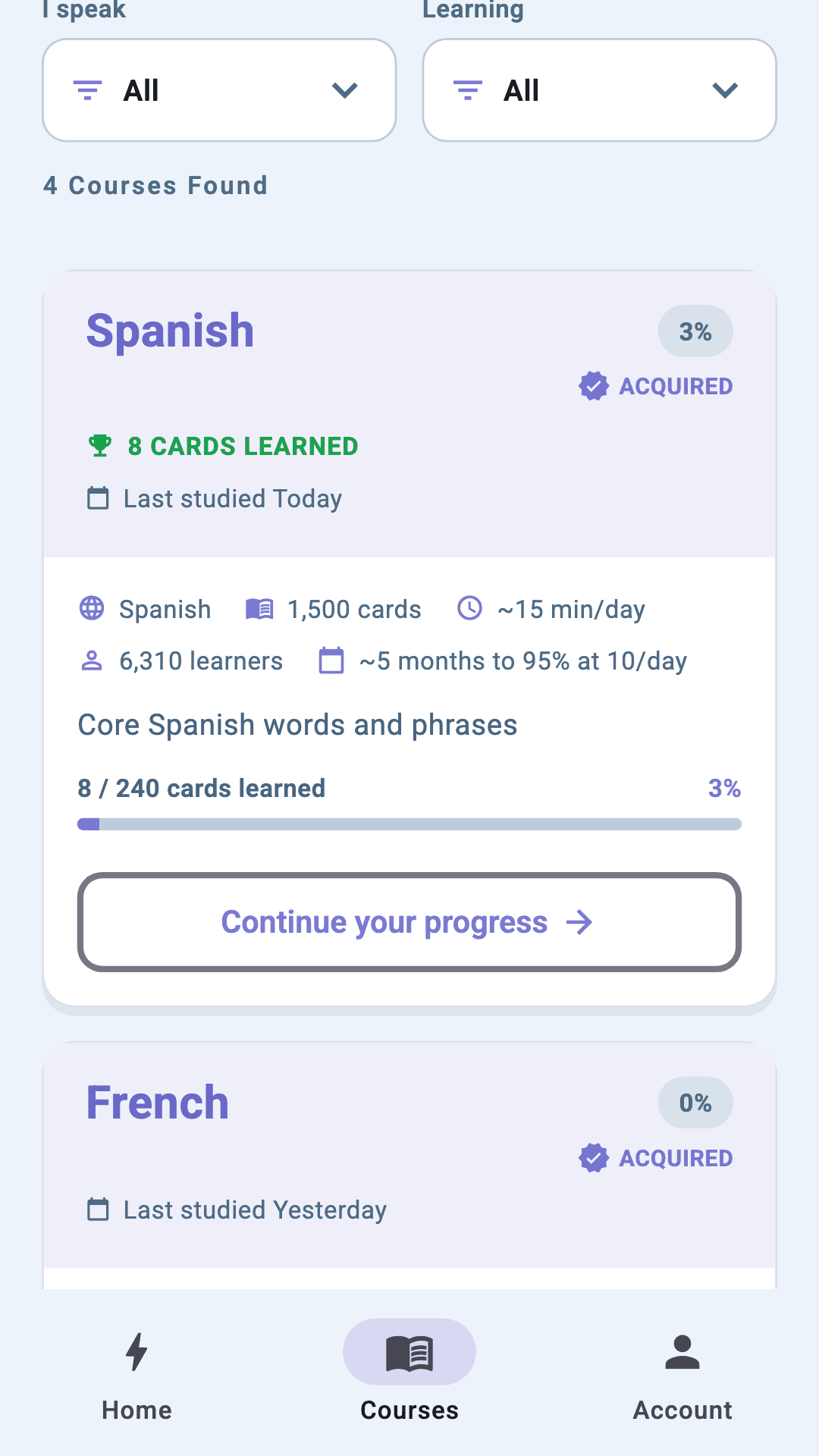 Courses selection screen with the Norwegian Bokmål course showing its word count and learning progress indicator