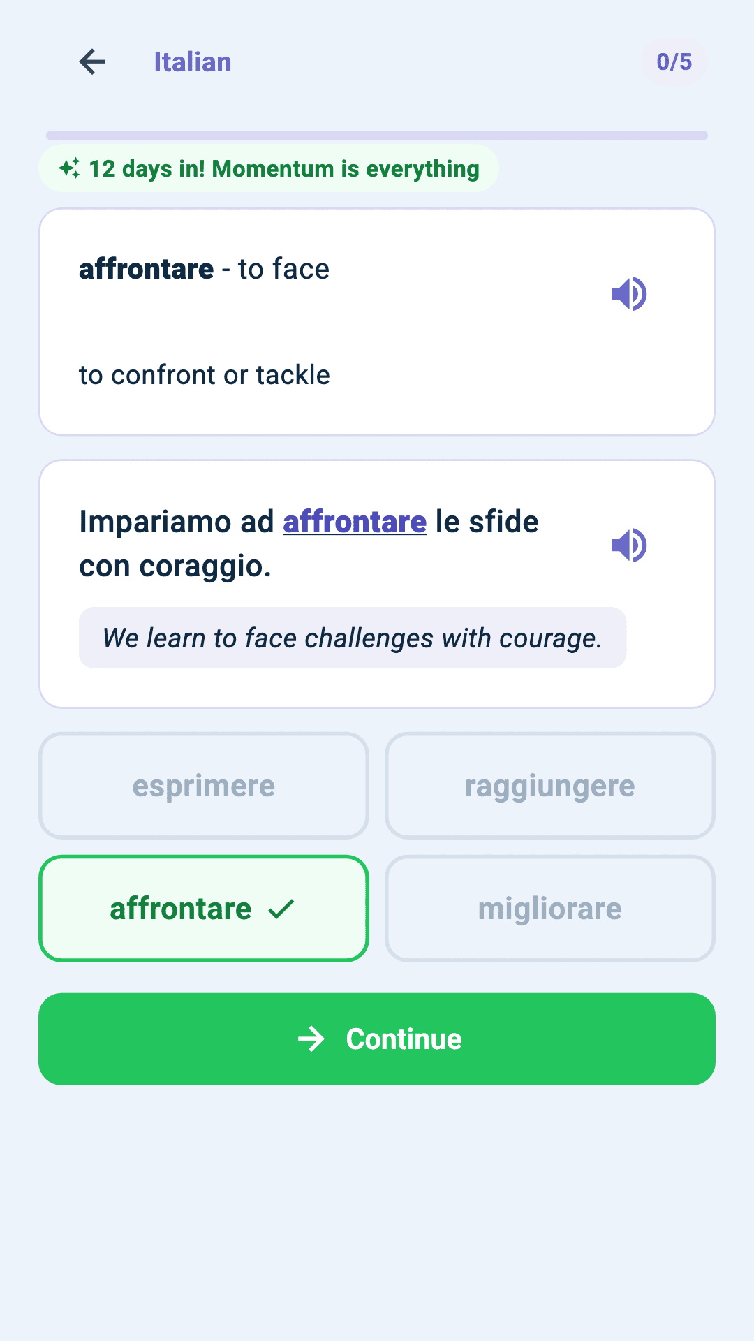Review screen for the Norwegian course after answering correctly: the Bokmål target word revealed in its example sentence and the correct multiple-choice option highlighted green with a checkmark