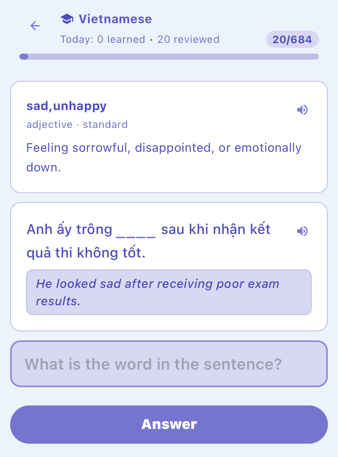 Review screen showing an example sentence with the target word hidden, prompting the user to recall the vocabulary from context